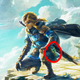 Link crouched on a platform, with a strange new device on his hip.